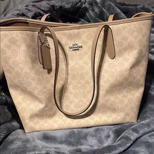 Coach Tan Signature Canvas Tote with Leather Trim